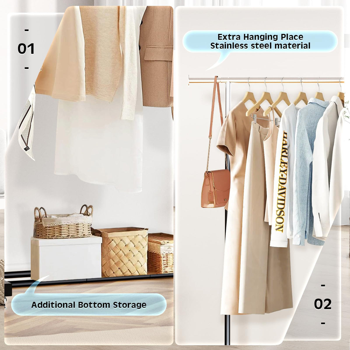 VICERII bottom shelf provides extra storage for shoes and boxes.