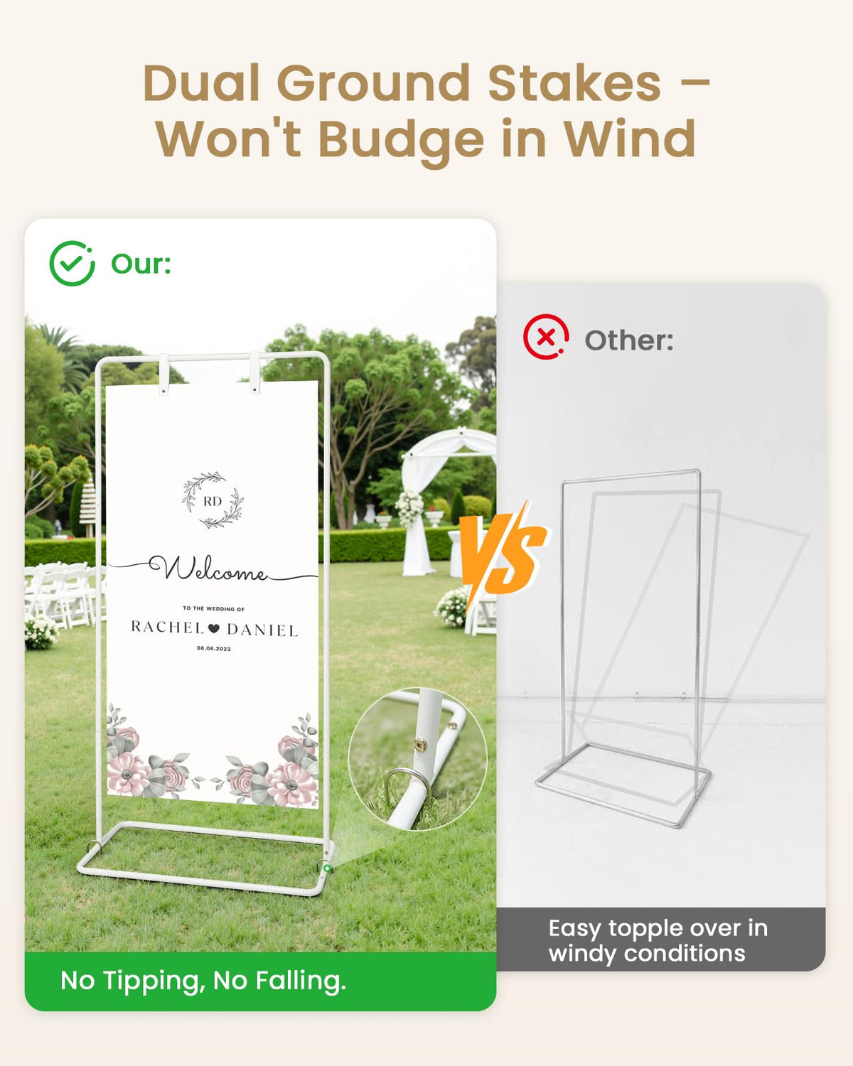 Victawks wedding sign stand with ground stakes provides wind-resistant stability outdoors.