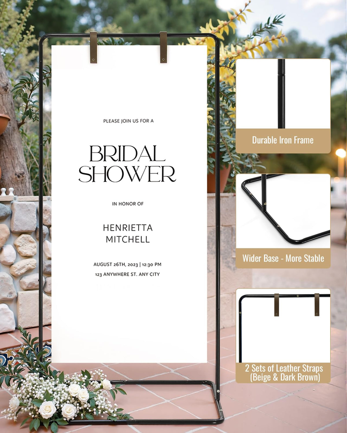 Victawks leather straps secure signs up to 0.4 inch thick.