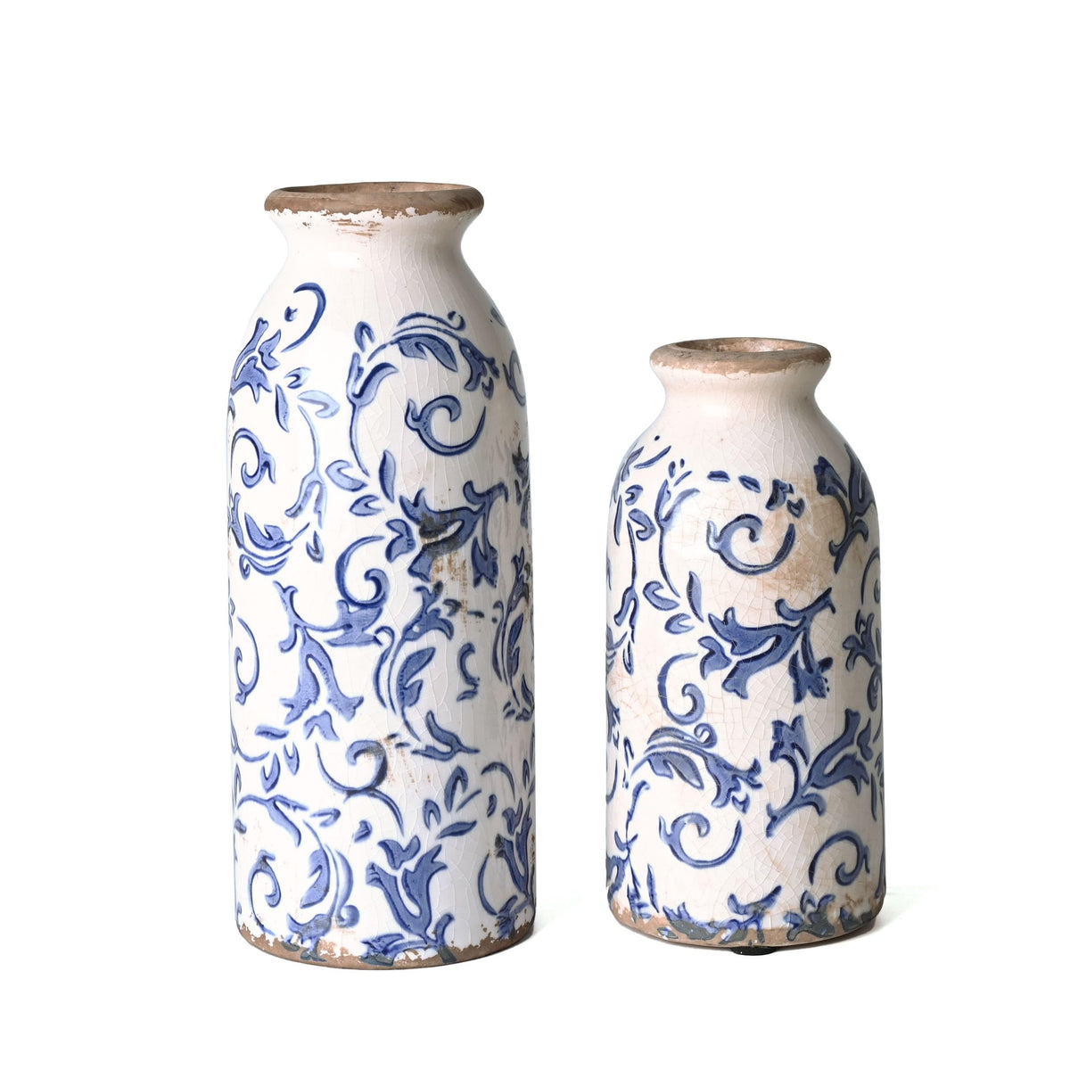 Victor & Teresa blue-white ceramic vase front view showcases crackle glaze for chic table decor.
