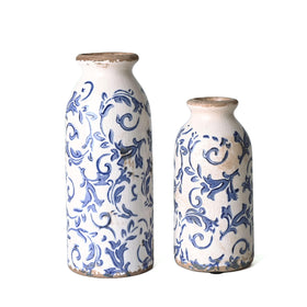 Victor & Teresa blue-white ceramic vase front view showcases crackle glaze for chic table decor.