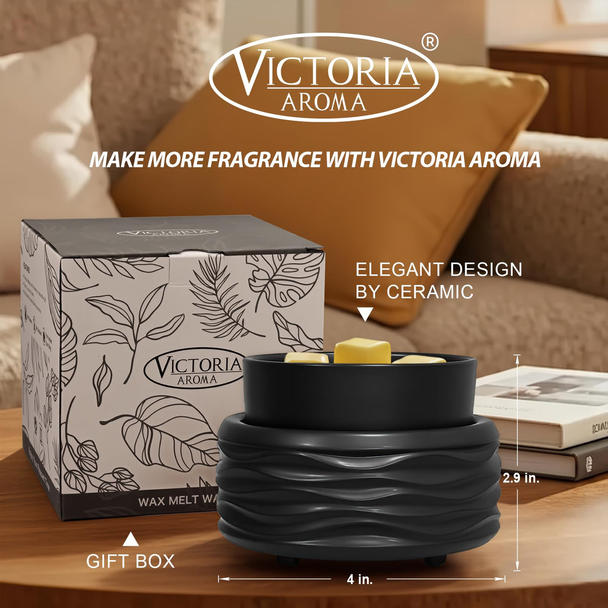 Victoria Aroma black wax warmer complements contemporary interiors and serves as a thoughtful gift.
