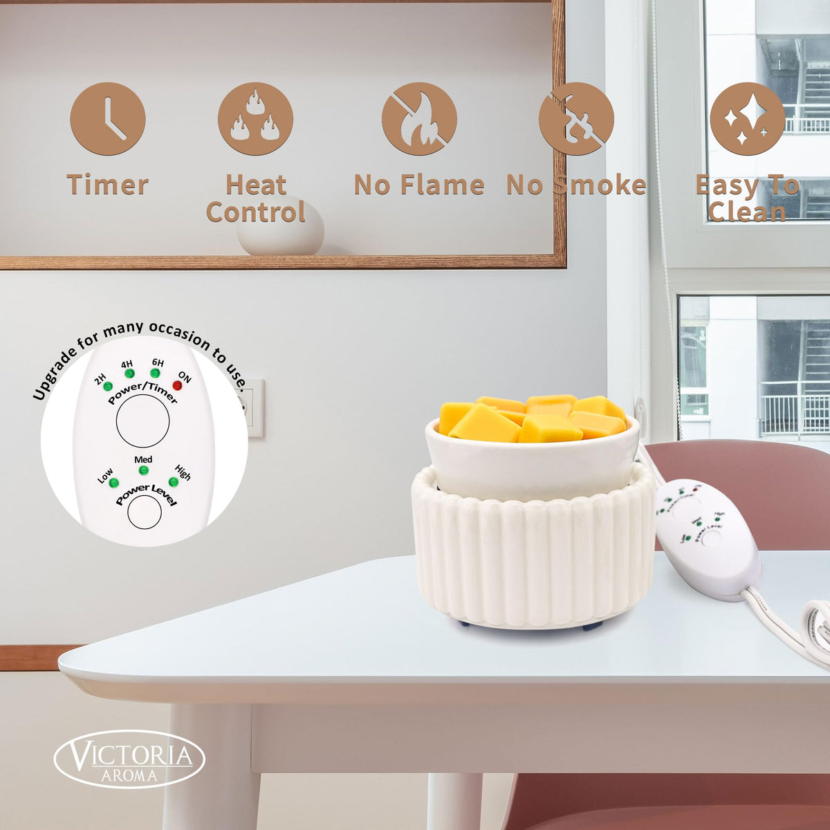 Victoria Aroma wax warmer in an office setting delivering fragrance without smoke.