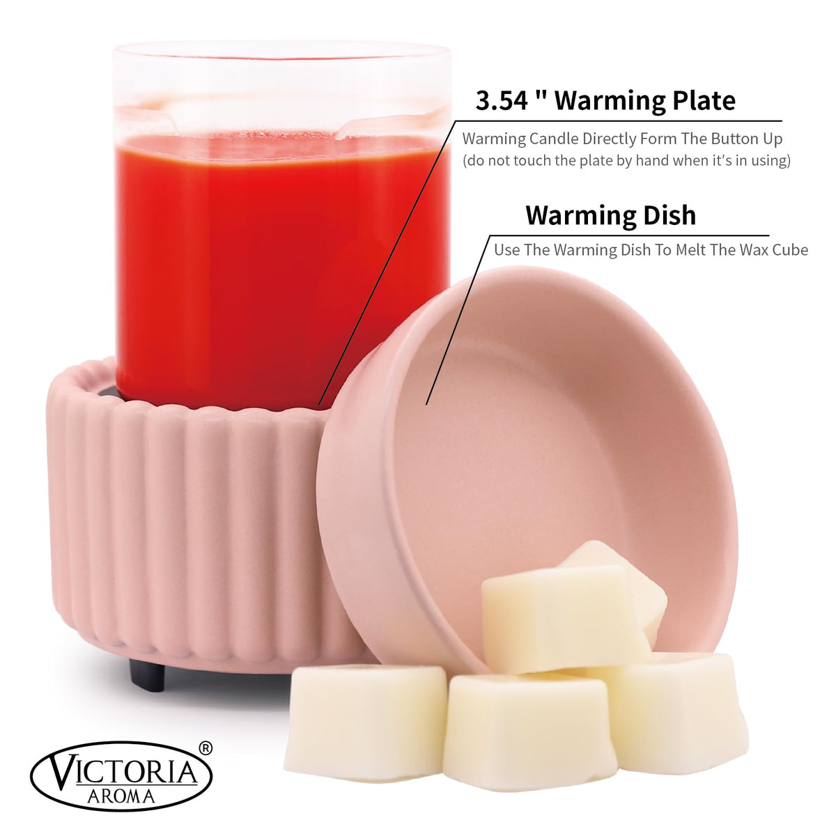 Victoria Aroma removable-dish wax melt ensures easy cleanup and even heat for fragrance.