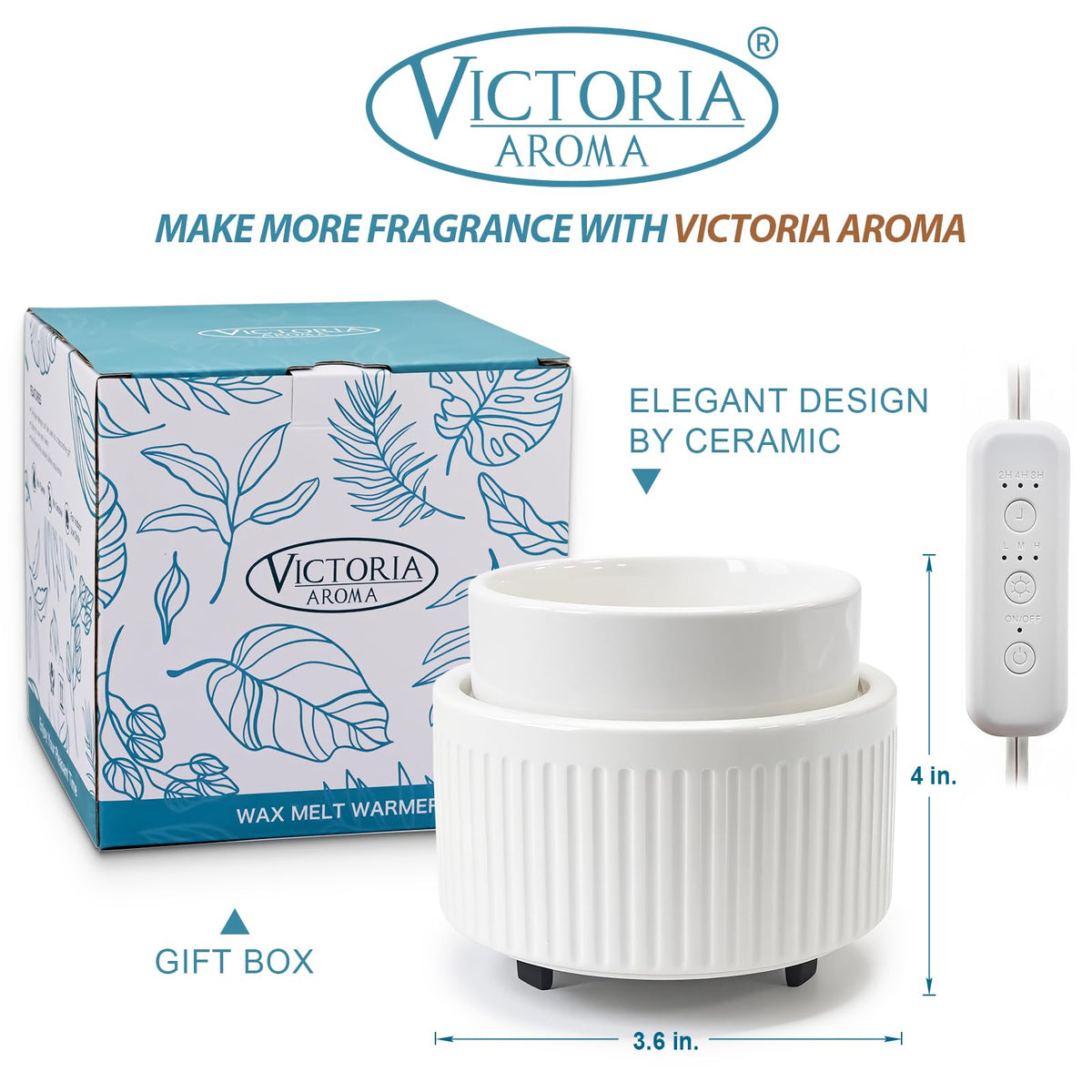 VICTORIA AROMA wax warmer with timer enables customizable fragrance duration.