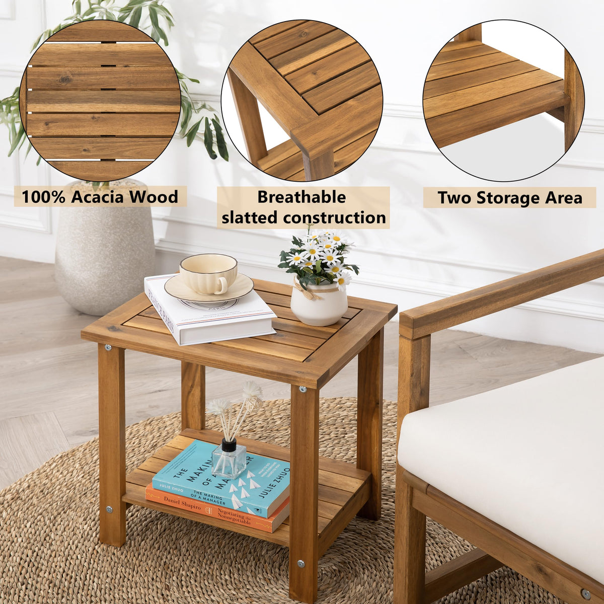 VICTORY RELAX solid acacia side table assembly view, quick set up in minutes