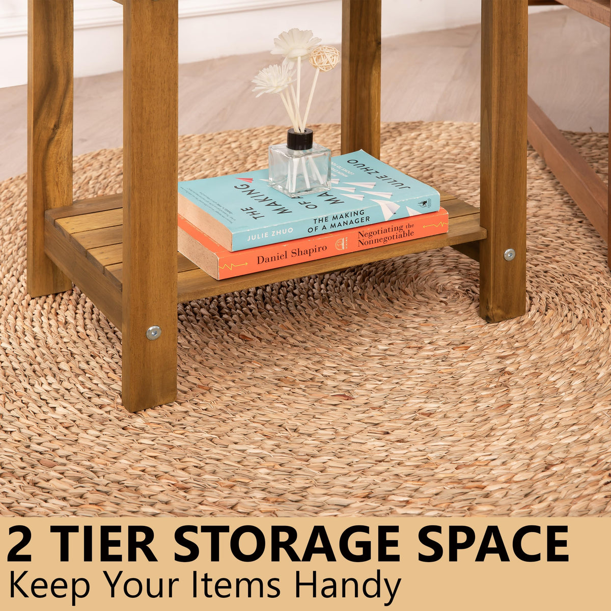 VICTORY RELAX solid acacia side table outdoors view, designed for patio use