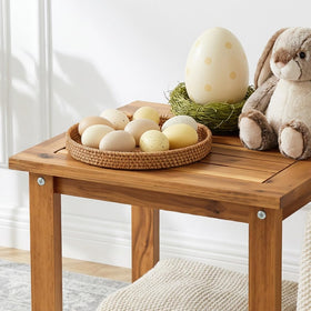 VICTORY RELAX solid acacia side table two-tier storage view, organizes snacks and remotes