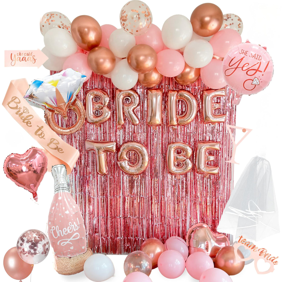 Vidal Crafts Rose Gold Bridal Shower Kit banner and balloons for elegant photos.