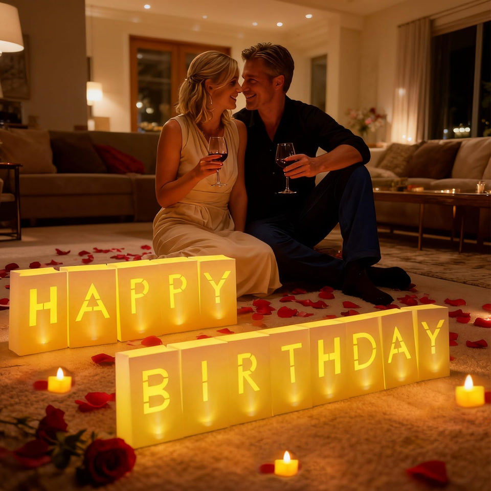 VidwanHome luminary bags with 'HAPPY BIRTHDAY' glow softly for ambient celebrations.