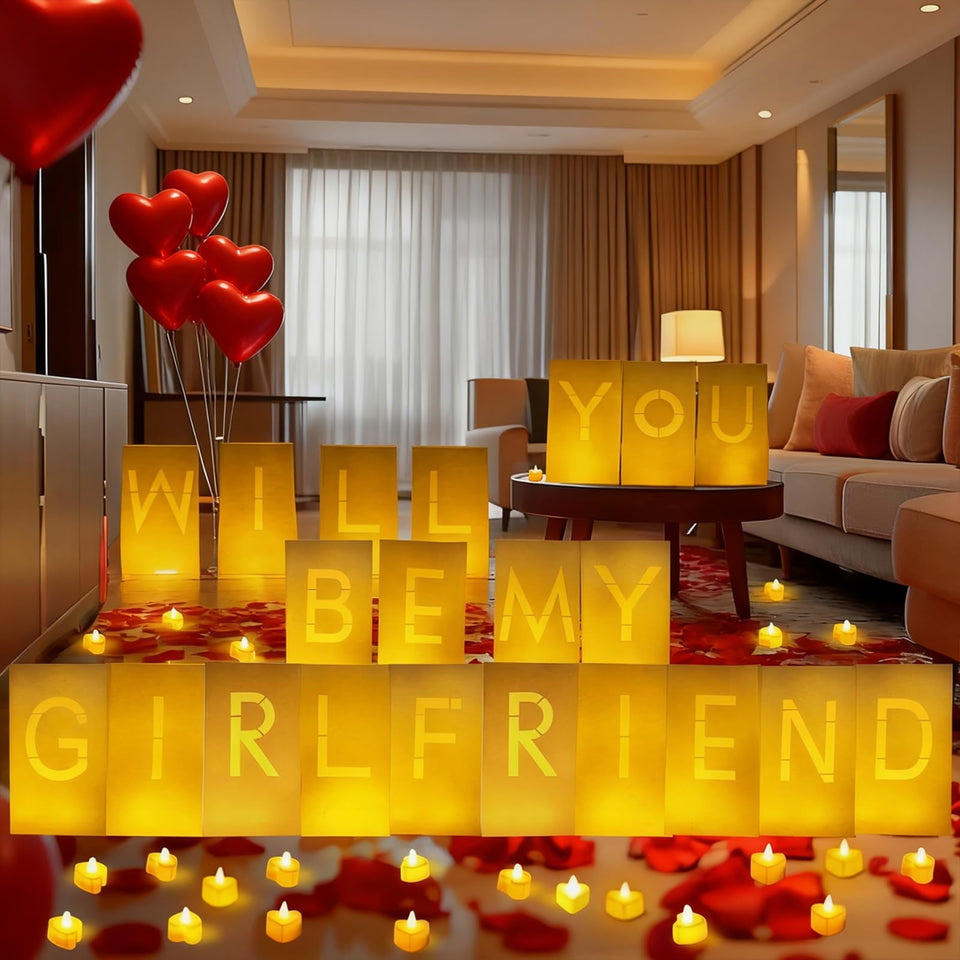 VidwanHome luminary bags with carved letters illuminate romantic setup for proposals