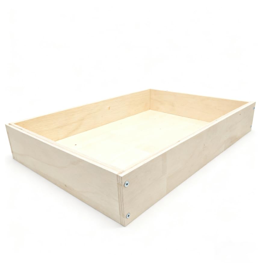 Viecam replacement drawer box front view shows the 14W x 19D size for standard cabinets.