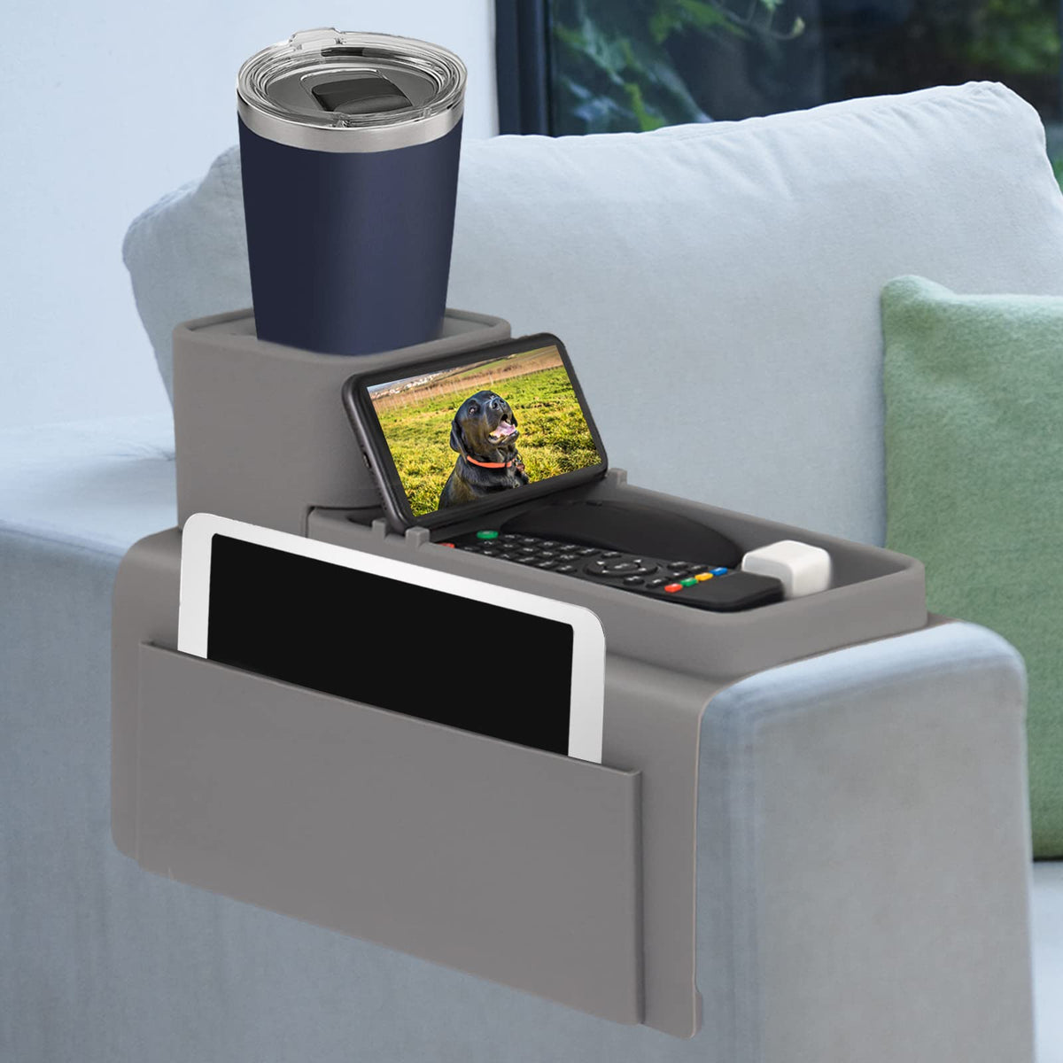 VIENFUT silicone couch cup holder with anti-slip tray keeps drinks stable on the sofa.