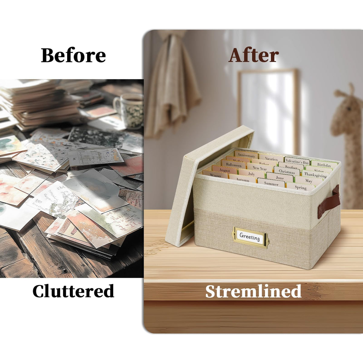 Foldable storage box with dual leather handles for easy carrying.