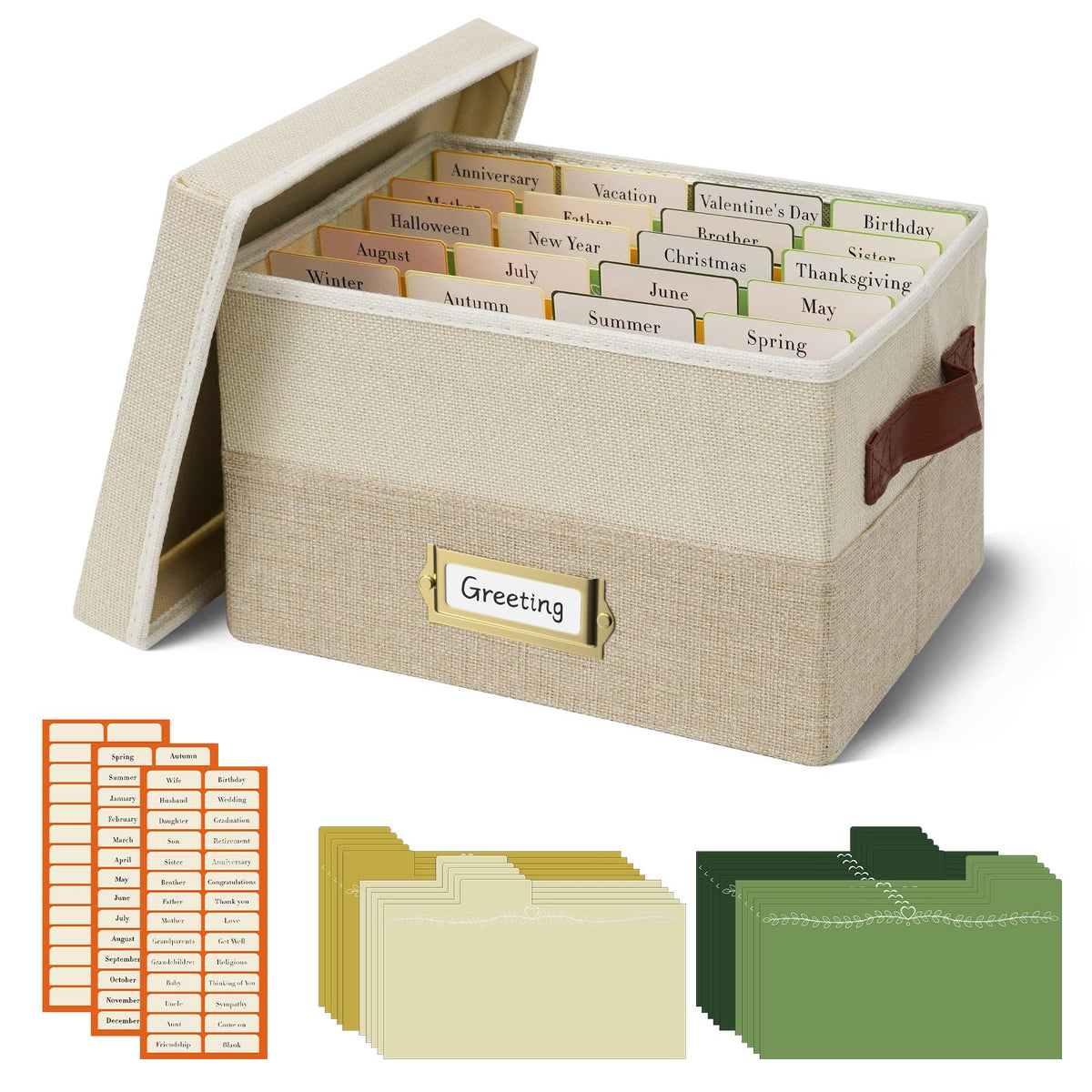 Vienrose greeting card organizer box in beige and khaki, closed and elegant.