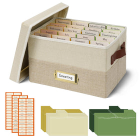 Vienrose greeting card organizer box in beige and khaki, closed and elegant.