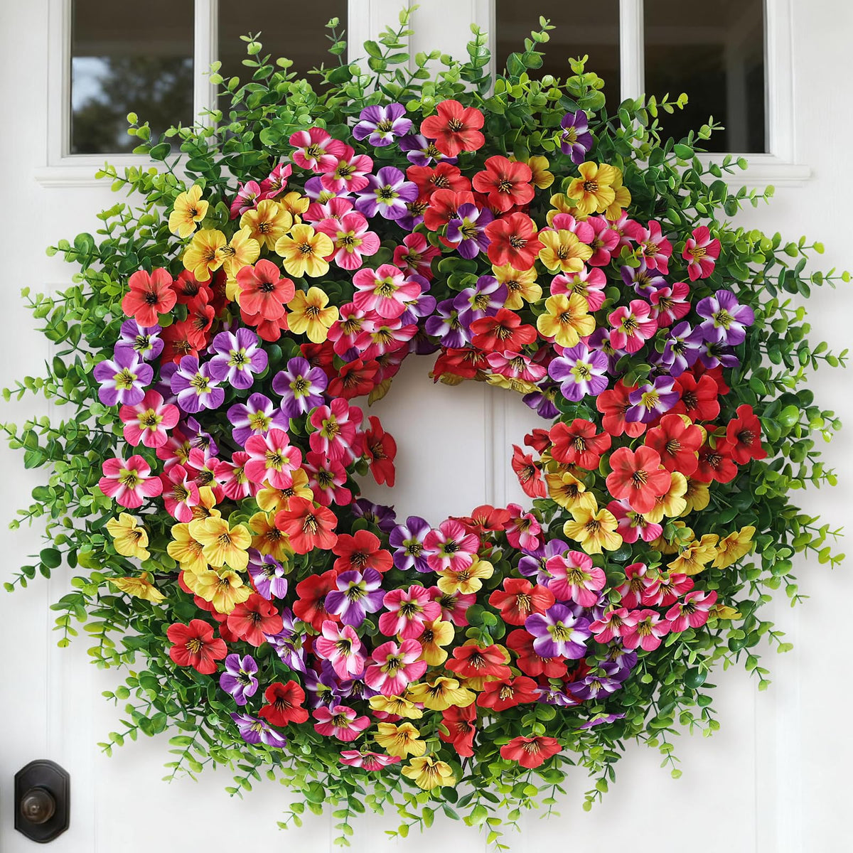 VIERENA 26inch eucalyptus morning glory wreath for front door, vibrant color and welcoming focal point.