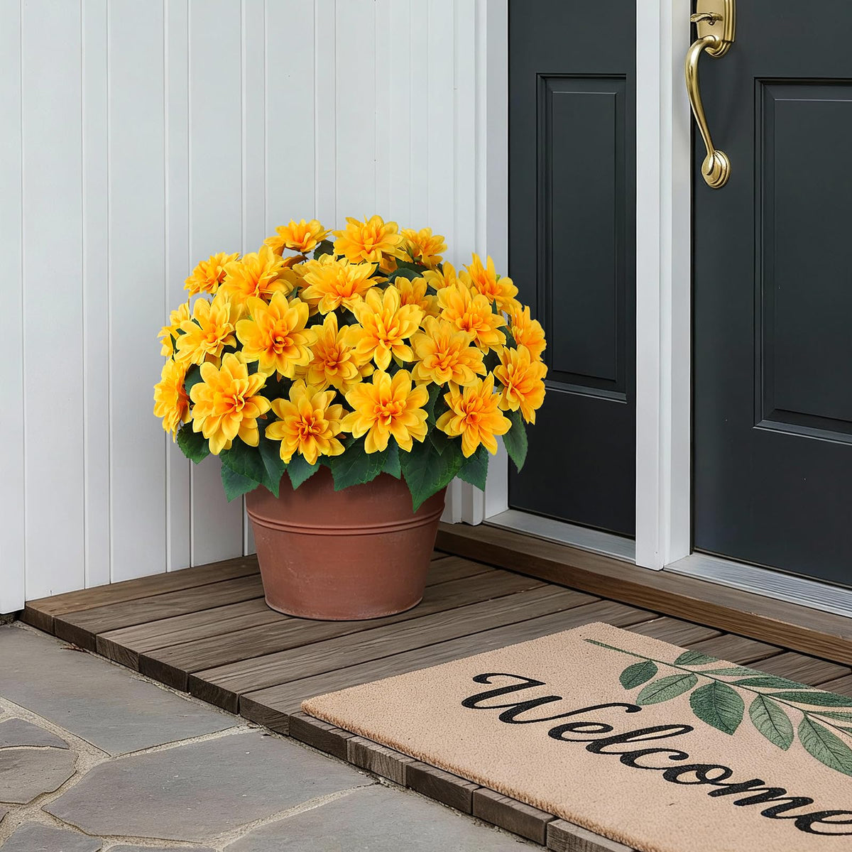 VIERENA front porch arrangement featuring bright yellow dahlias in outdoor setup