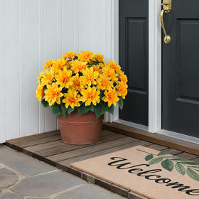 VIERENA front porch arrangement featuring bright yellow dahlias in outdoor setup
