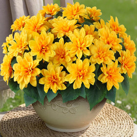 VIERENA 8 bundles outdoor pot display showing full, vibrant artificial dahlias for year round color