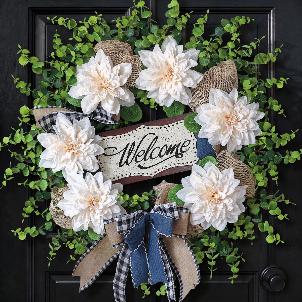 VIERENA wreath on front door shows lush eucalyptus and dahlias for curb appeal.