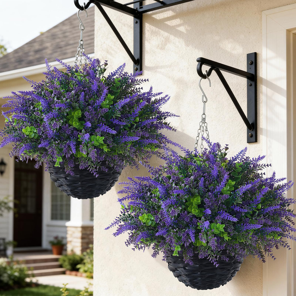 VIERENA lavender hanging basket on porch adds year-round color.