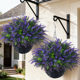 VIERENA lavender hanging basket on porch adds year-round color.