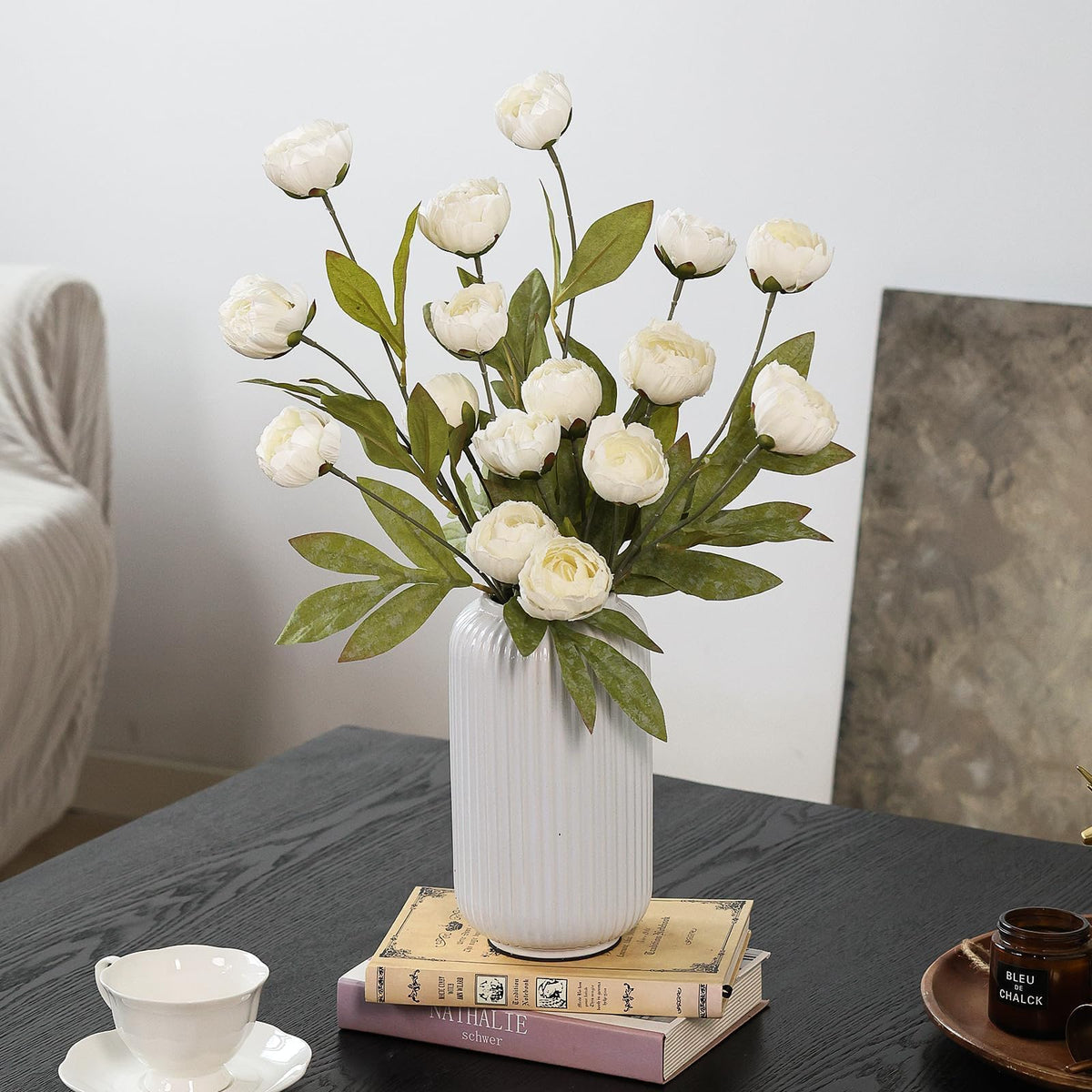 Vierena cream faux peonies stay vibrant with minimal maintenance.