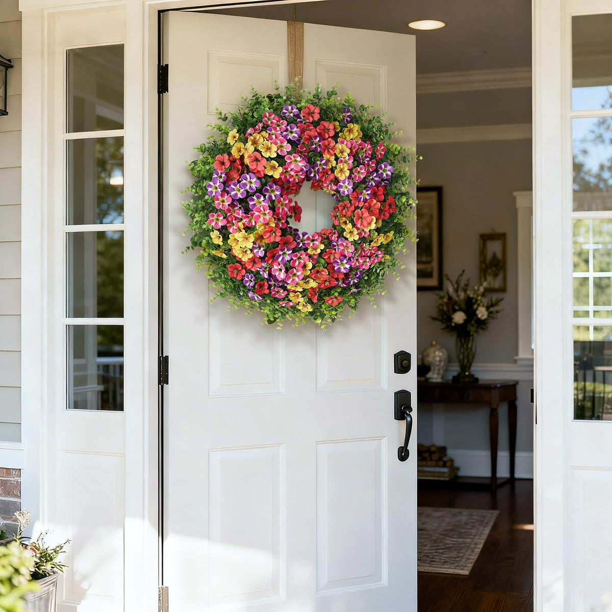 VIERENA durable outdoor wreath with eucalyptus leaves, resists sun and rain for year-round display.