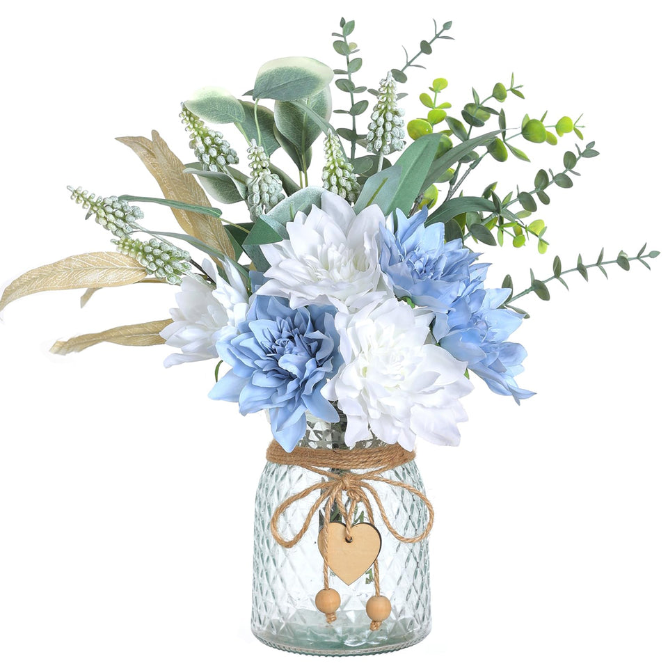 Vierena dusty blue silk dahlia bouquet in vase for rustic farmhouse decor