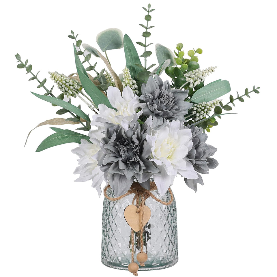 VIERENA faux flowers in vase with grey-blue dahlias for cozy farmhouse decor.