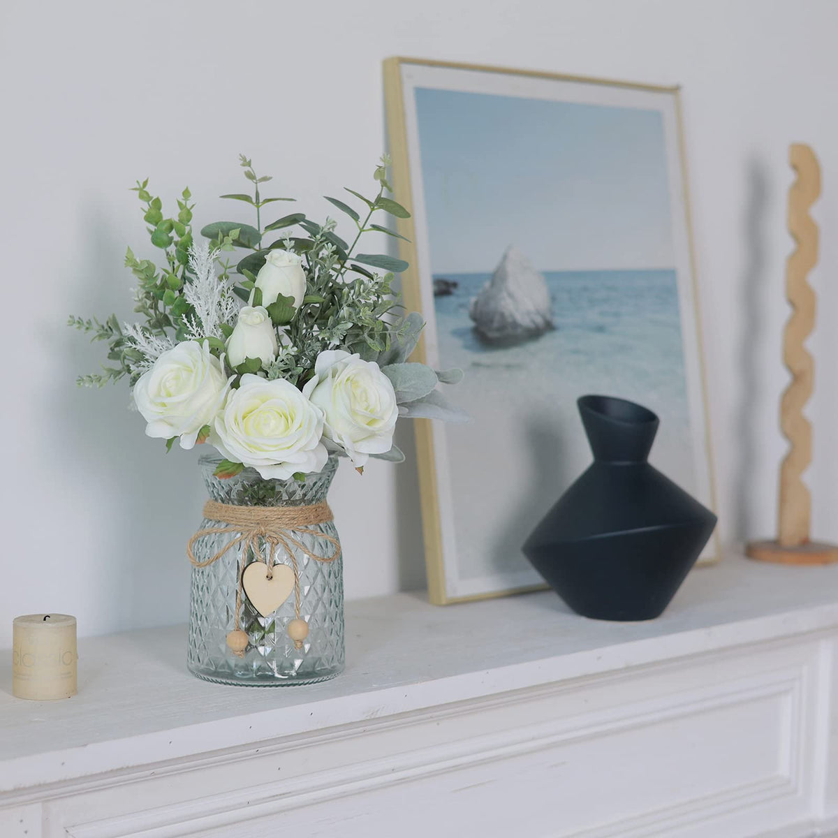 VIERENA faux flowers with vase: flocked lambs ear for rustic charm