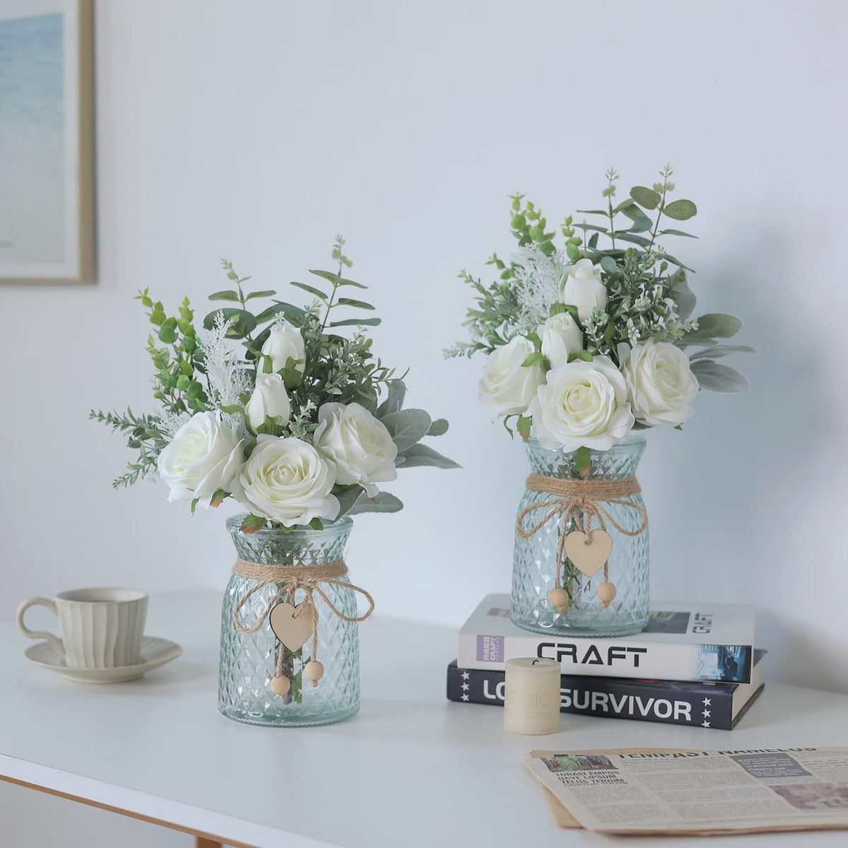 VIERENA faux flowers with vase: compact bouquet for tabletop styling