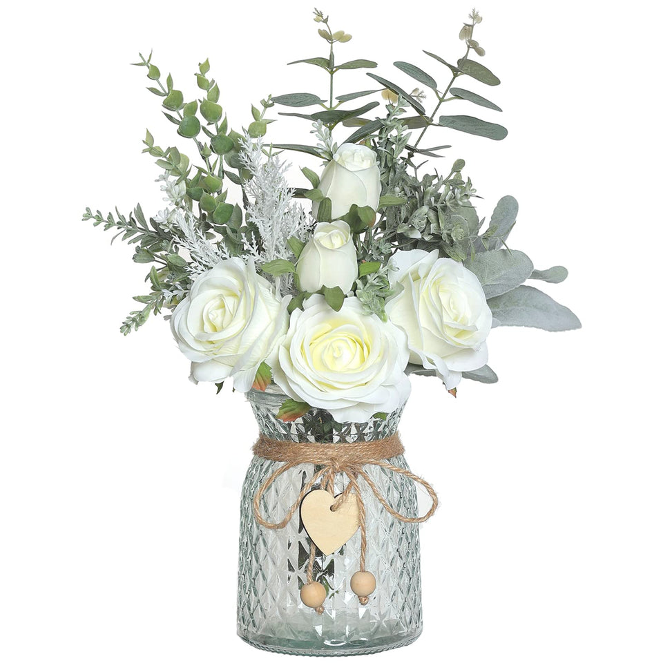 VIERENA faux flowers with vase: silk roses for graceful farmhouse decor