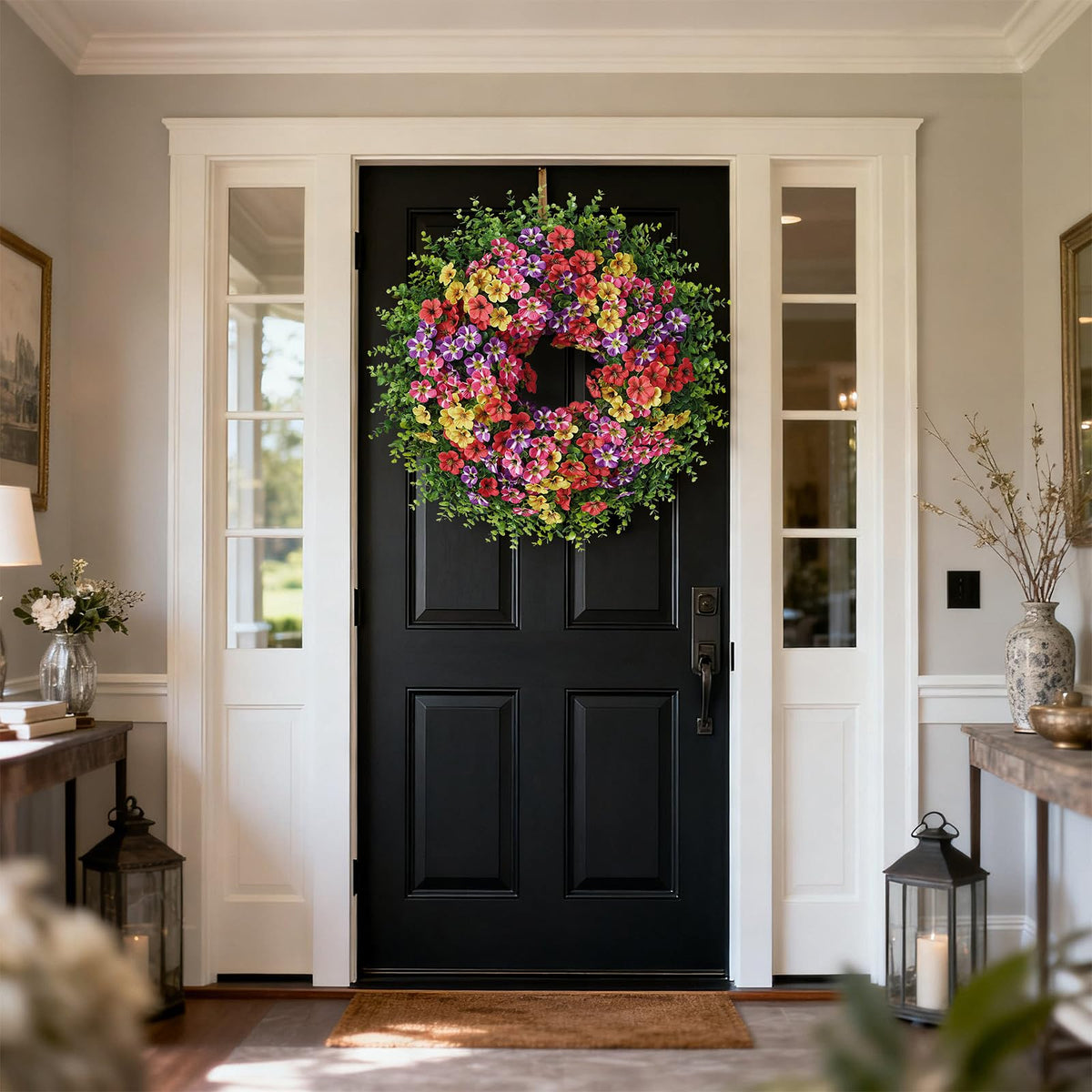 VIERENA indoor-outdoor wreath adds natural charm to living room or porch.