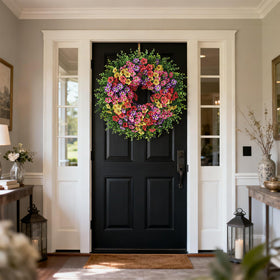 VIERENA indoor-outdoor wreath adds natural charm to living room or porch.