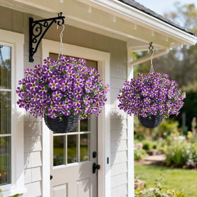 VIERENA morning-glory basket purple close-up branch; lifelike blossoms and detailed leaves.