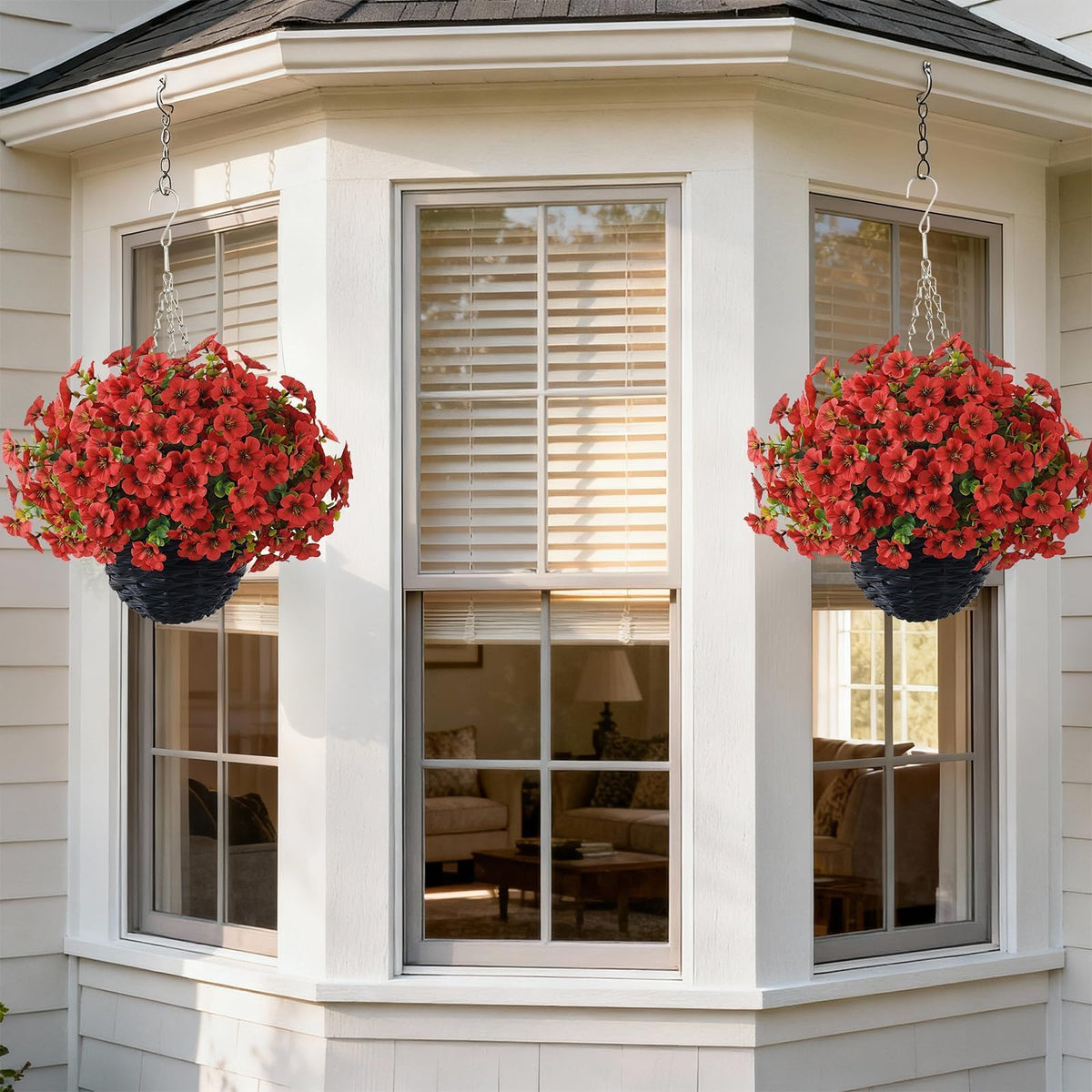 VIERENA outdoor hanging basket on porch with faux morning glory