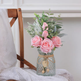 VIERENA pink silk roses with eucalyptus vase enhances farmhouse dining table