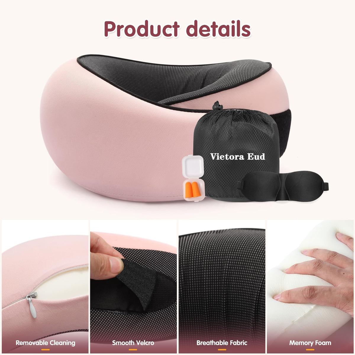 Vietora Eud travel neck pillow folded in carry pouch for compact packing.