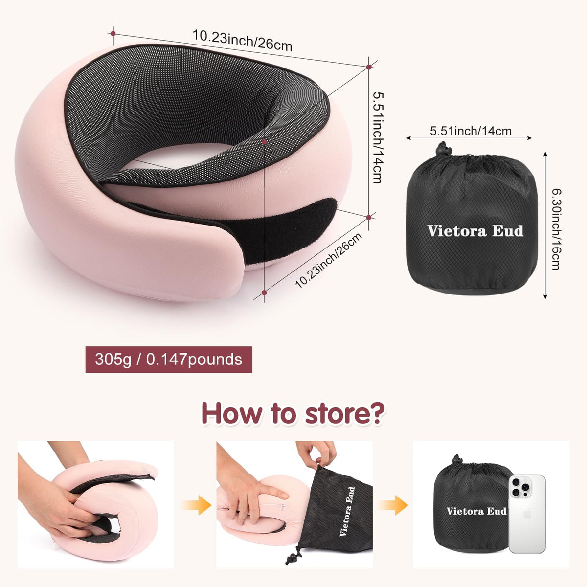 Vietora Eud travel neck pillow highlights memory foam comfort and slow rebound support.