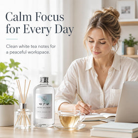 Office desk setup with Vietora Eud White Tea Diffuser Oil for calm productivity.