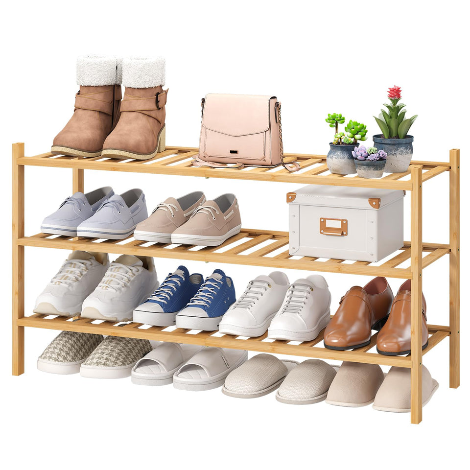 Viewcare 3-Tier Long Shoe Rack in bamboo wood keeps footwear organized and accessible.