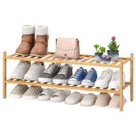 ViewCare bamboo long shoe rack front view showing two roomy tiers for organized shoes.