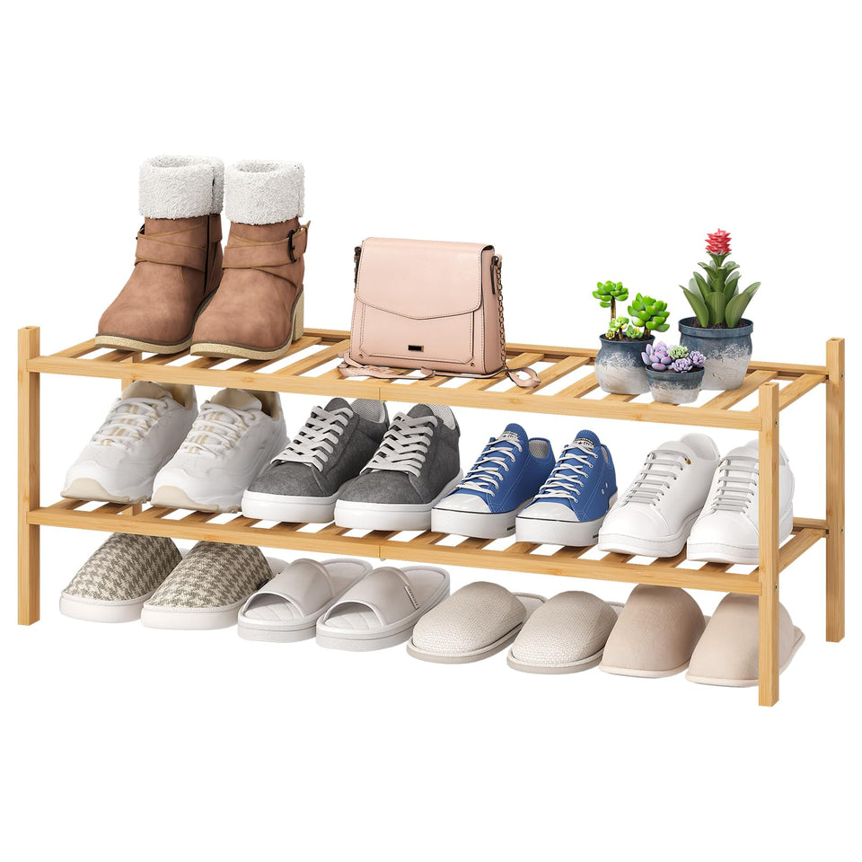 ViewCare bamboo long shoe rack front view showing two roomy tiers for organized shoes.