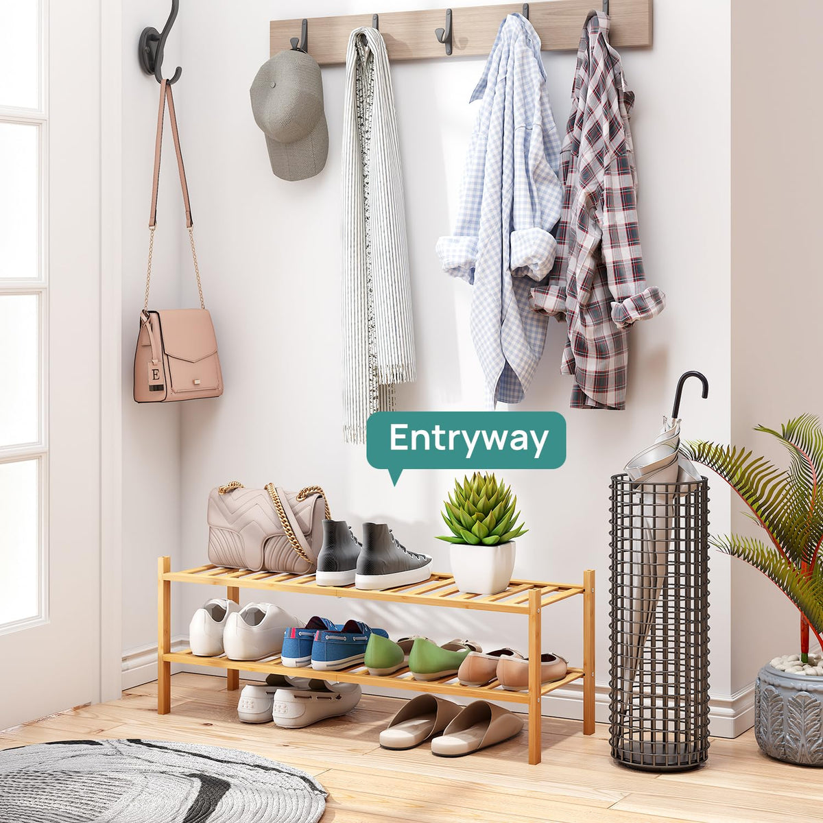 ViewCare bamboo long shoe rack shelf detail highlights smooth finish and sturdy construction.