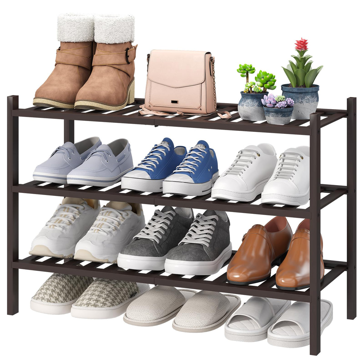 Viewcare bamboo shoe rack 3-tier keeps shoes neatly organized and accessible.