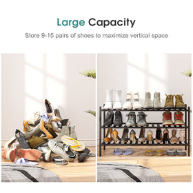 Viewcare bamboo shoe rack front view demonstrates accessible, organized stacks for shoes