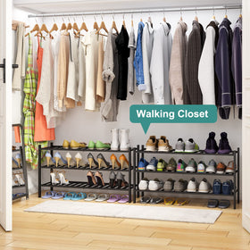 Viewcare bamboo shoe rack removable row illustrates adjustable spacing for different footwear