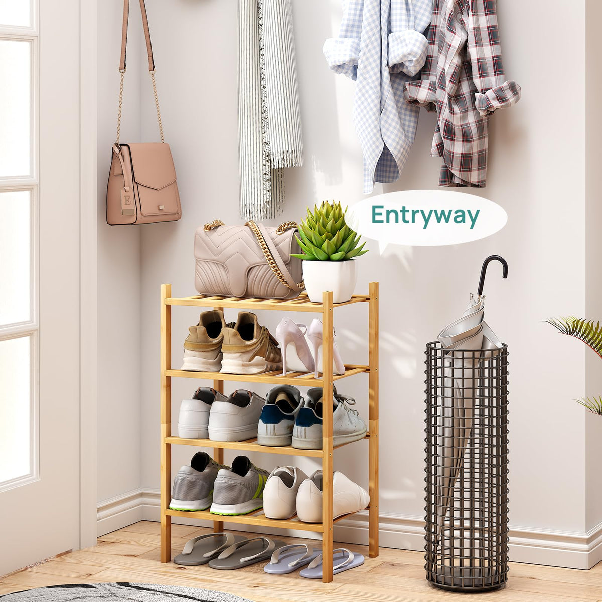 Viewcare bamboo shoe rack side view highlights natural finish for home decor
